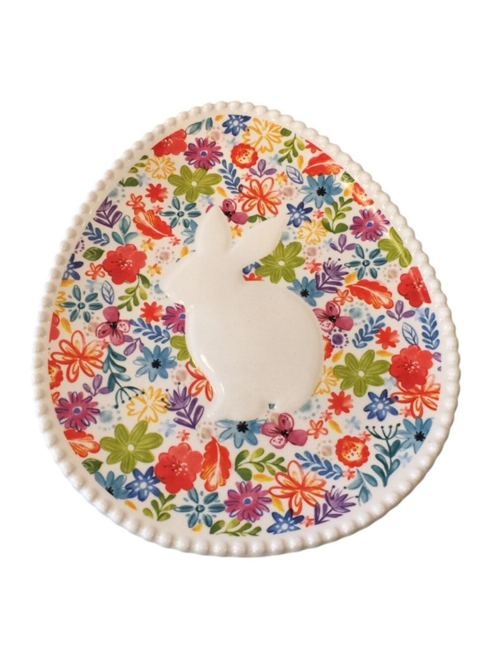 Pier One Floral 9" Egg Plate with Bunny Silhouette Ironstone Beaded Edging